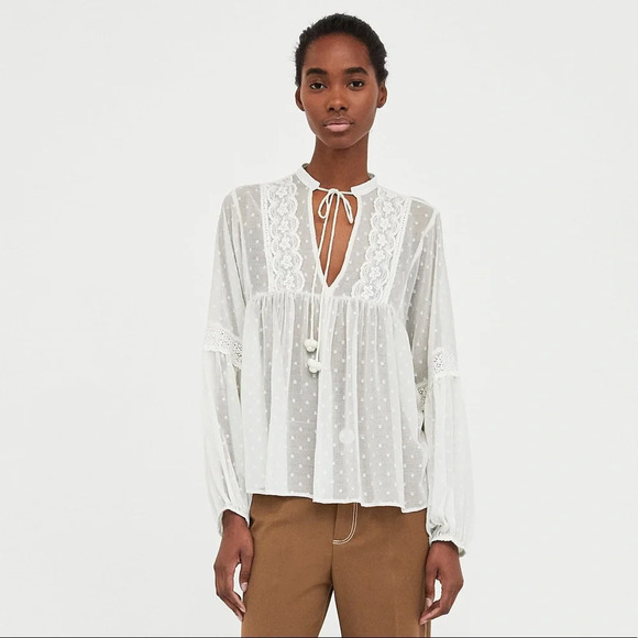 (Sold) Zara Dotted Mesh Blouse with Lace - Picture 3 of 7
